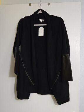 Black Open-Front Cardigan with Leather Look Lower Sleeves And Zipper Accents